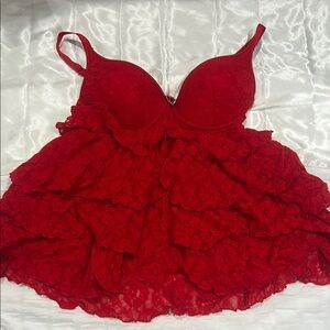 Red Lace Tank Top with Plunging Neckline and Ruffles